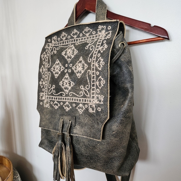 Handmade Genuine Leather Embroiderd Backpack Bag Purse - Picture 3 of 12